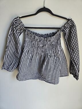 ANOTHER STORY Black & White Gingham Off-Shoulder Peasant Top
